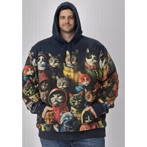 3D Cat Print Hoodie 5XL (Fits 3XL-4XL) Funny Novelty Animal Pullover Navy Blue